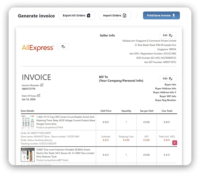 AliBill invoice page showing a formatted billing document with order details, product information, and export options