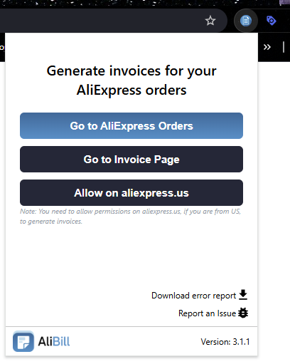 AliBill extension popup showing main menu options