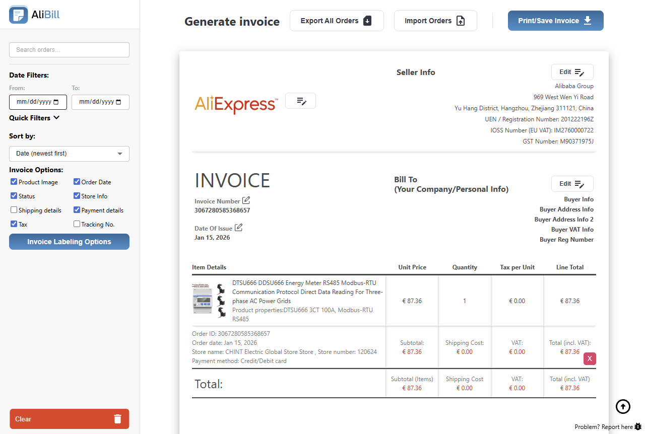 Invoice generation page showing customization options, field toggles, and document preview