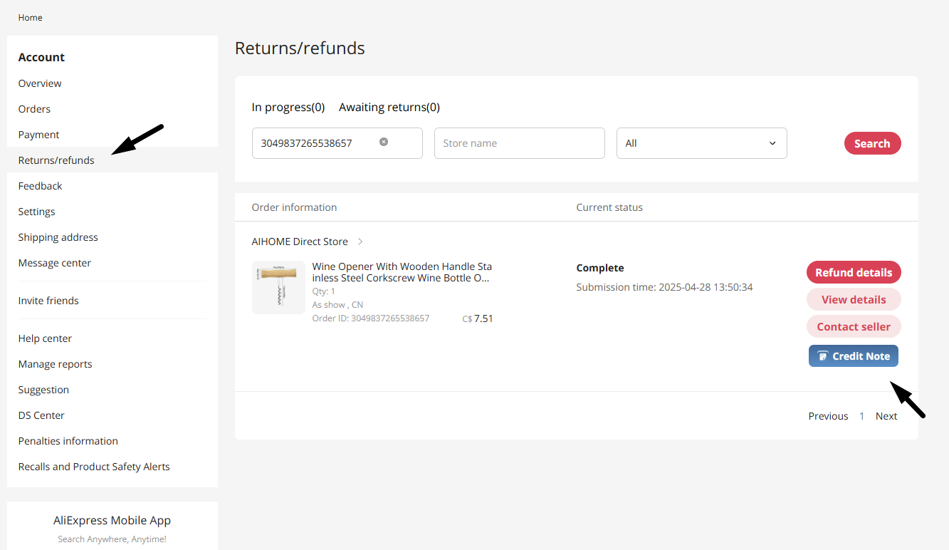 AliExpress refund page with AliBill menu visible