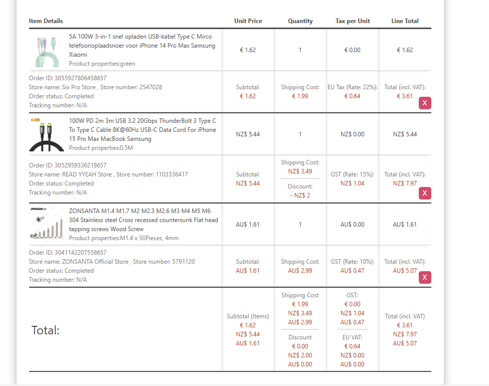 Invoice showing custom VAT labels with percentage% placeholder replaced with actual rates