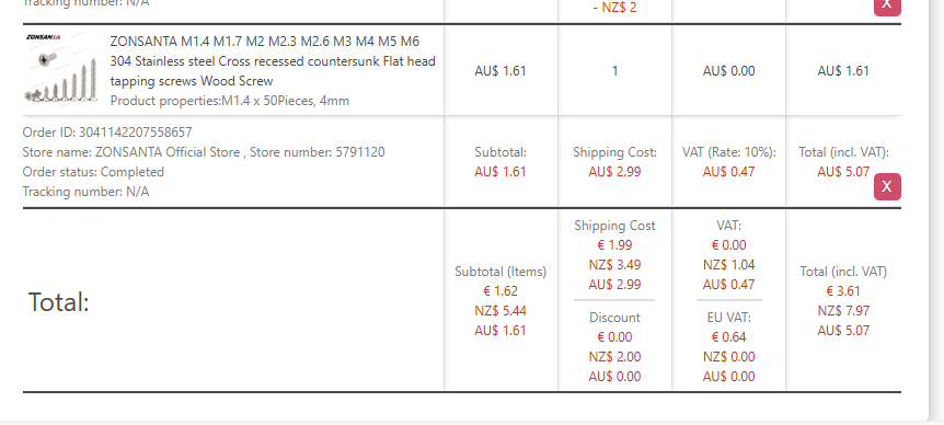 Invoice page showing totals section with Total VAT and Total EU VAT labels
